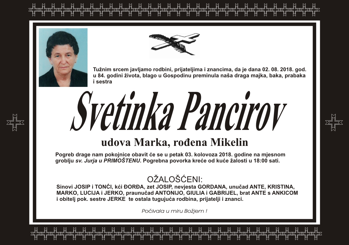 Umrla Svetinka Pancirov