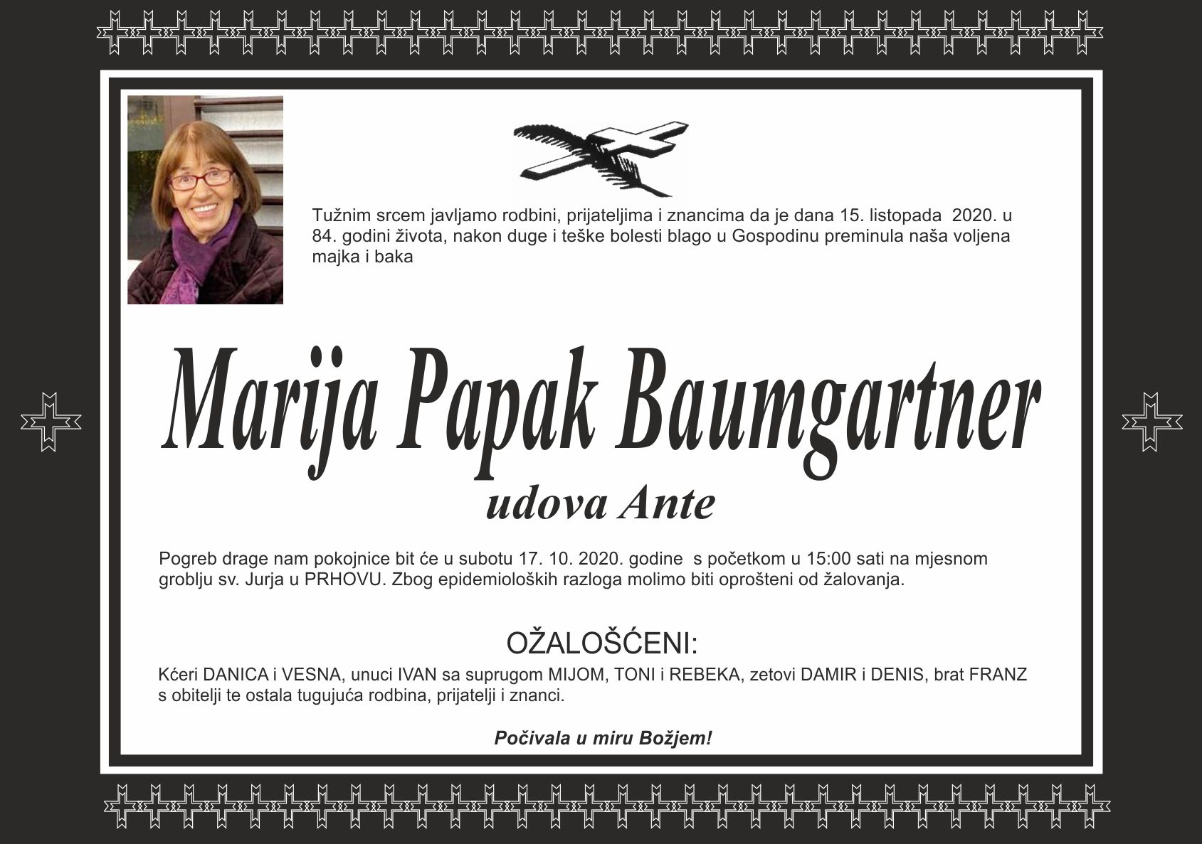 Umrla Marija Papak Baumgartner