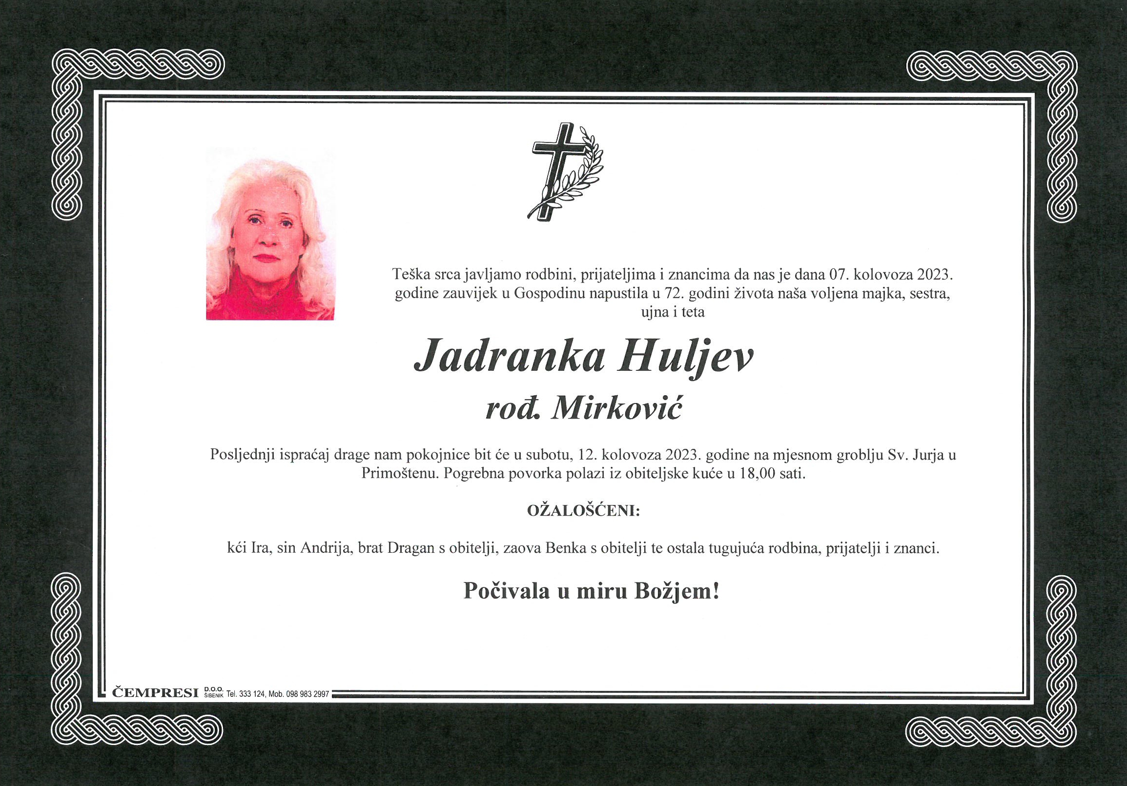 Umrla Jadranka Huljev